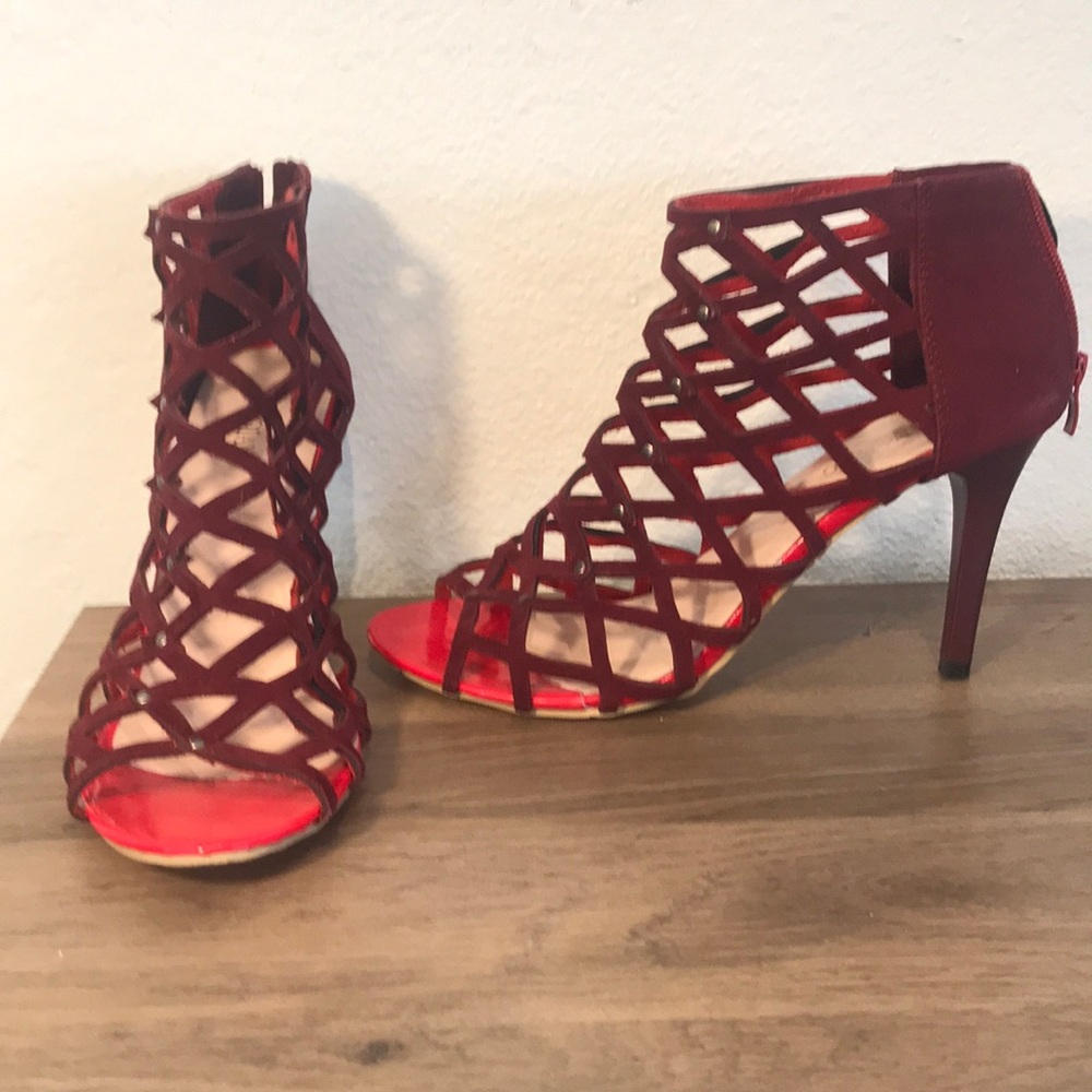 maroon suede high heels